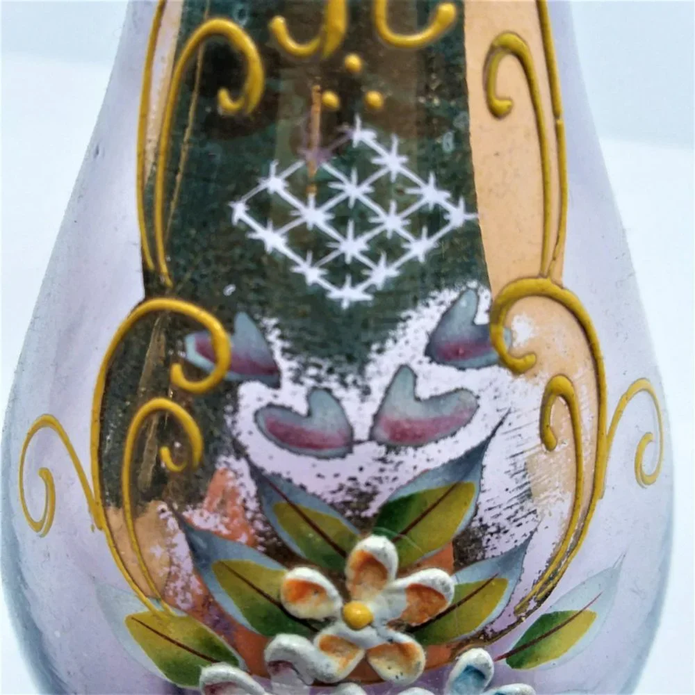 Purple Bud Vase VTG Norleans Floral Art Hand Painted Enameled Flowers Gold Trim